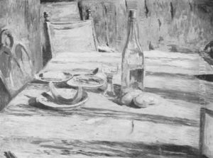 Stilleben Mit Weinflasche, Glas Und Tellern Auf Einem Tisch by Theodor Joseph Hagen