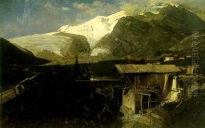 Kanderthal Im Gotthard, Bjerglandskab Med I Forgrunden Vandmolle Og Huse Kanderthal Im Gotthard, Bjerglandskab Med I Forgrunden Vandmolle Og Huse