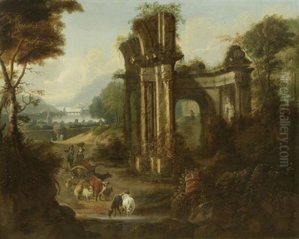 A Classical Capriccio Of Figures And Cattle On A Track By Ruins With A River Landscape Beyond - view 1