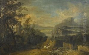 An Extensive Landscape With Mounted Figures And Hounds Hunting In The Foreground
