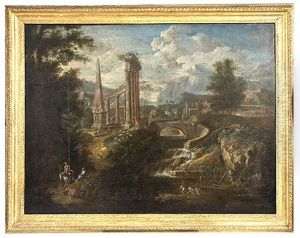 A River Landscape With Classical Ruins And Numerous Figures And Animals by Willem van der Hagen
