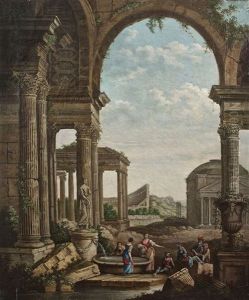 A Capriccio Of Roman Ruins With Figures Around A Fountain, With A View Of The Pantheon Through Arches by Willem van der Hagen