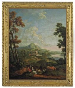 A Mountainous Wooded River Landscape With A Fortified Town In The Middle Distance, Figures Resting On A Track With Livestock In The Foreground