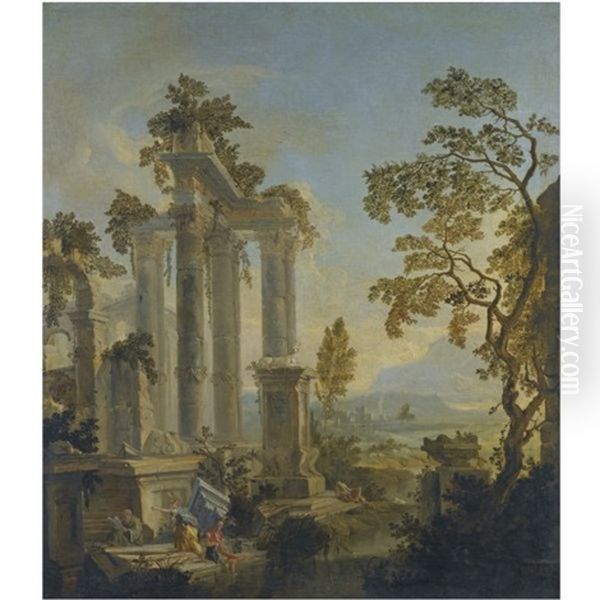 An Extensive River Landscape With Figures Resting Beside Classical Ruins - view 1