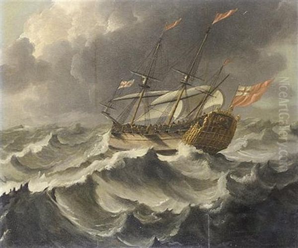 An English Merchant Vessel With A Spanish Barge In Choppy Seas (+ An English Frigate In Stormy Seas; Pair) - view 1