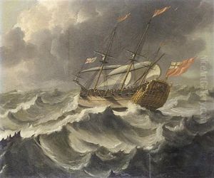 An English Merchant Vessel With A Spanish Barge In Choppy Seas (+ An English Frigate In Stormy Seas; Pair) by Willem van der Hagen