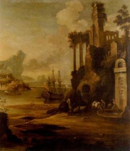 An Italianate Landscape With A Man O'war At Anchor In A Bay Beyond
