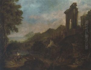 A Capriccio With Ruins By A Lake, Fishermen Drawing In Nets And Other Figures by Willem van der Hagen