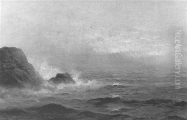 Marine Scene With Waves Breaking On Coastal Rocks And Cloud Obscured Sunset - view 1
