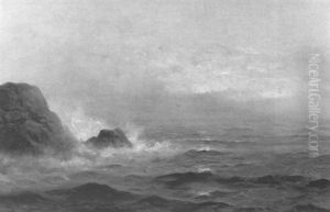 Marine Scene With Waves Breaking On Coastal Rocks And Cloud Obscured Sunset by Nels Hagerup