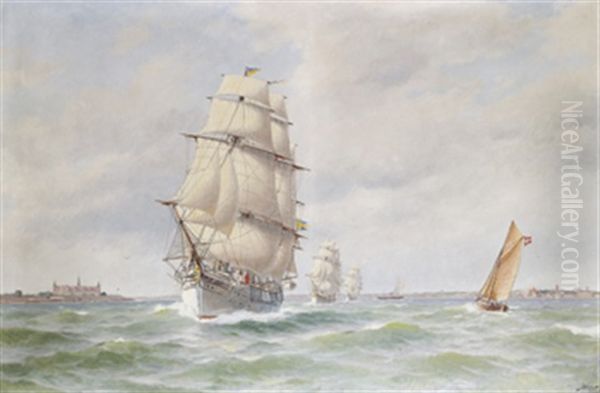 Skeppsgossefartygen I Oresund - Svenska Marinens Ovningsfartyg Hms "gladan", Hms "falken" Och Hms "jarramas" Med Kronborgs Slott Till Vanster Och Helsingborg Till Hoger - view 1