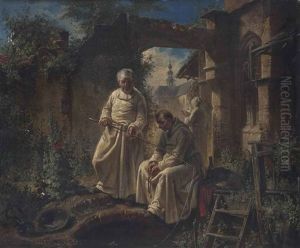 Fishing At A Monastery by Louis (Ludwig) von Hagn