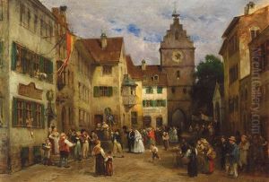 Blick Auf Belebte Strase Mit Hochzeitsgesellschaft Vor Gasthaus Und Torturm In Einer Oberschwabischen Stadt (ravensburg Obertor?) by Louis (Ludwig) von Hagn