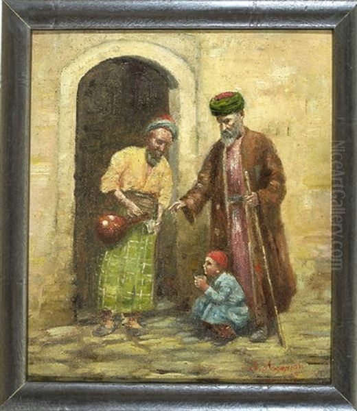 Orientalische Gastfreundschaft - Ein Mann Gibt Einem Reisenden Und Dessen Sohn Etwas Zu Trinken - view 1