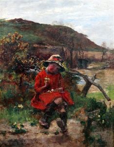 Child In A Red Coat Seated In A Landscape Child In A Red Coat Seated In A Landscape