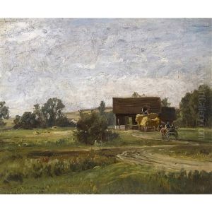 Weite Landschaft Mit Heuwagen Und Kutsche