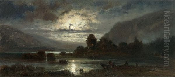 Abendliche Seenlandschaft In Den Voralpen Mit Fischerboot Und Turm - view 1