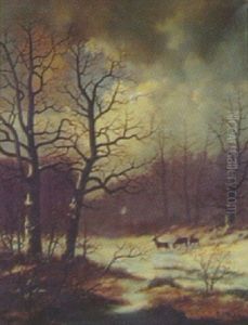 Winter Landscape With Deer by Julius Hahn