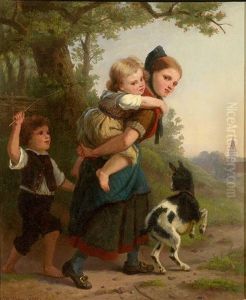 Madchen Mit Den Kleinen Geschwistern Und Ziegenbocklein Auf Dem Heimweg Am Abend by Karl Wilhelm Hahn