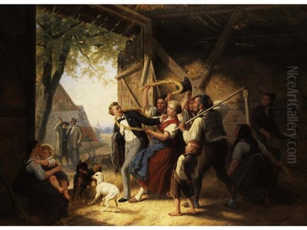 Scherzhafte Verabschiedung Eines Englisch-amerikanischen Besuchers In Einer Bauernscheune - view 1