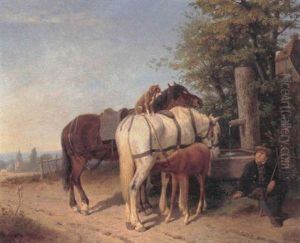 Hestene Vandes Ved En Brond by Karl Wilhelm Hahn
