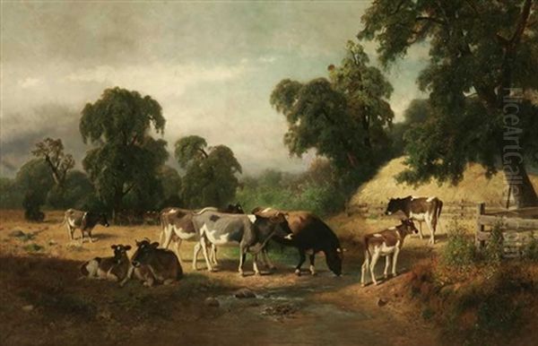 Cows By A Stream In A Wooded Pasture - view 1
