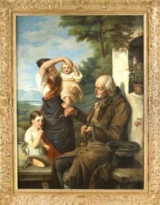 Violine Spielender Bettler Vor Einer Frau Mit Ihren Zwei Kindern U. Alpiner Landschaft Im Hintergr. by Joseph Haier