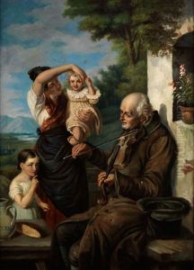 Alter Bettelmusikant Mit Geige Spielt Vor Einer Jungen Bauerin Mit Zwei Tochterchen by Joseph Haier