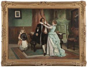 Lady And Girl Dressing A Gentleman In An Interior by Joseph Haier