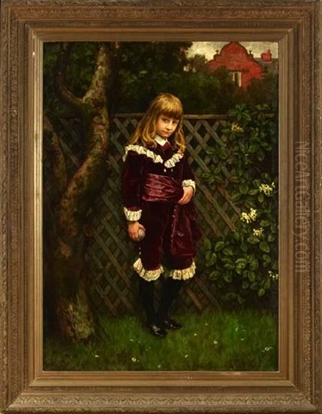 Portrait Of A Young Girl In A Scarlet Dress With Lace Trim, Seated In A Garden Reading A Book (+ Portrait Of A Boy In A Burgundy Suit Holding A Cricket Ball; 2 Works) - view 1