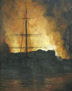 Fires Blazing Over London In The Blitz, With St Paul's Cathedral, London, Silhouetted Behind, And A Sailing Ship In The Foreground by Wilfred Stanley Haines