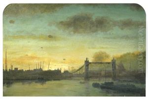 Barrage Balloons Over Tower Bridge, London; And Fire Boat No. 1 With Firemen In A Barge, Going Towards The Albert Bridge And Battersea Power Station, London by Wilfred Stanley Haines