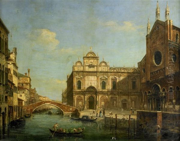 Kanalmotiv Med Gondoljarer Vid Kyrkan San Giovanni E Paolo - Venedig - view 1