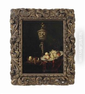 Grapes And Peaches In A Porcelain Dish, An Ivory Cup, A Peeled Apple, A Venetian Glass And A Knife, All On A Partially Draped Table