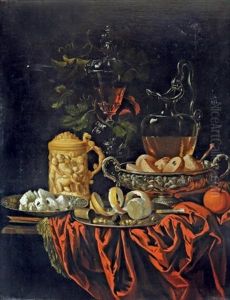 Nature Morte Avec Coupe D'orfevrerie, Pichet En Verre, Citron, Patisserie Et Chope En Ivoire Sur Un Entablement De Pierre Au Drape Rouge