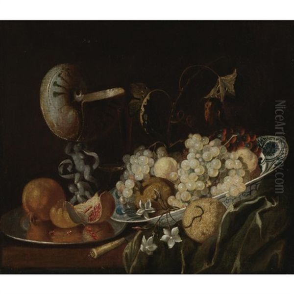 Still Life Of Grapes And Other Fruits In A Wan-li Porcelain Bowl With A Nautilus Shell Drinking Glass - view 1