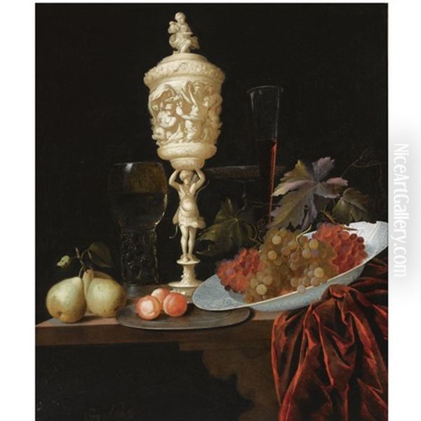 A Still Life With An Ivory Carved Cup And Cover, A Roemer, Pears, Prunes On A Pewter Plate, Grapes In A Porcelain Wan-li Bowl, A Flute-glass And A Tazza, All On A Wooden Ledge Draped With A Red Velvet - view 1