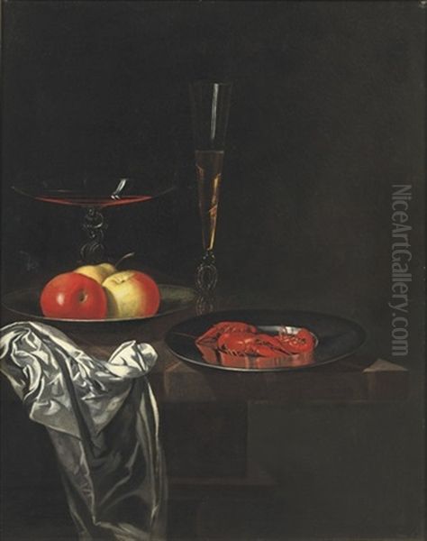 Two Venetian Glasses, Apples On A Pewter Plate - view 1