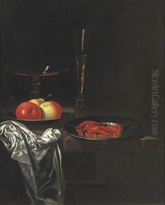 Two Venetian Glasses, Apples On A Pewter Plate And A Silver Dish With Crayfish by Georg Hainz