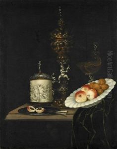A Still Life Of Apples And Walnuts In A Ceramic Dish, A Silver And Gilt Cup And Cover, A Silver And Gilt Nautilus Shell Tazza, And Other Utensils On A Table Partly Draped With A Green Cloth