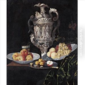Still Life With An Elaborately Sculpted Urn And Blue And White Porcelain Bowls With Fruit by Georg Hainz