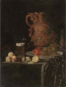 A Gilt Ewer, A Roemer Of Beer, Peaches, A Partly-peeled Lemon On A Pewter Tray, And Grapes And Peaches In A Porcelain Dish On A Partly-draped Table by Georg Hainz