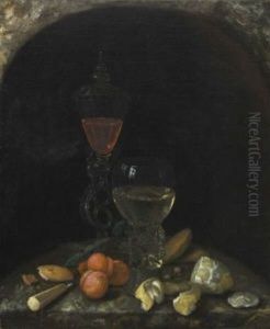 Stillleben Mit Glaspokal, Weinromer, Aprikosen, Zitrone Und Geback by Georg Hainz