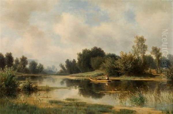 River Landscape With Fishing Boat - view 1