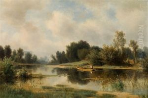 River Landscape With Fishing Boat by Ludwig Halauska