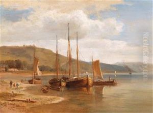 Ships On The Rhine Riverbank At Lorch by Ludwig Halauska