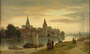 Flusslandschaft Mit Angelegten Booten Und Personenstaffage Vor Mittelalterlicher Stadtsilhouette