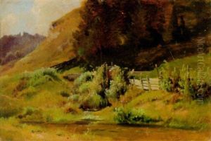 Landschaft Mit Kleinem Teich Im Vordergrund Landschaft Mit Kleinem Teich Im Vordergrund