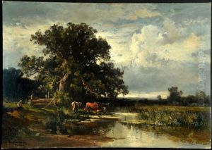 Kuhe Am Bachlauf In Weiter Baumlandschaft by Fritz Halberg-Krauss