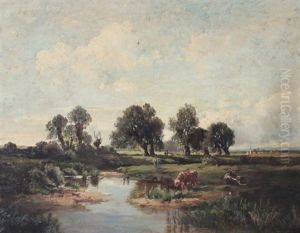 Cattle Grazing In An Extensive Landscape With Stream by Fritz Halberg-Krauss